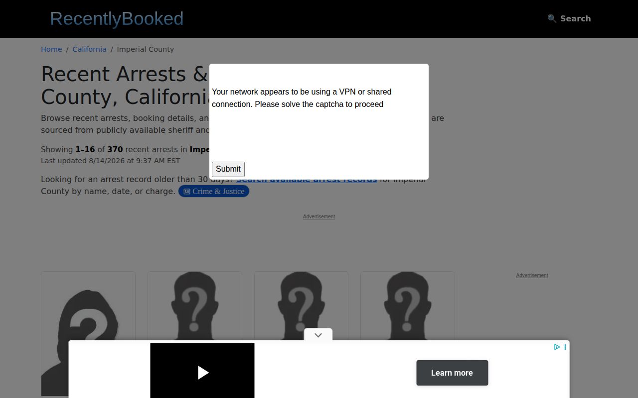 Unofficial rolling Imperial County booking record page