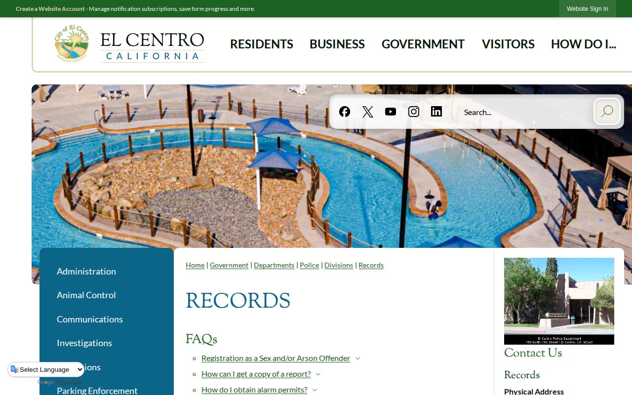 El Centro Police arrest records request information for Imperial County bookings