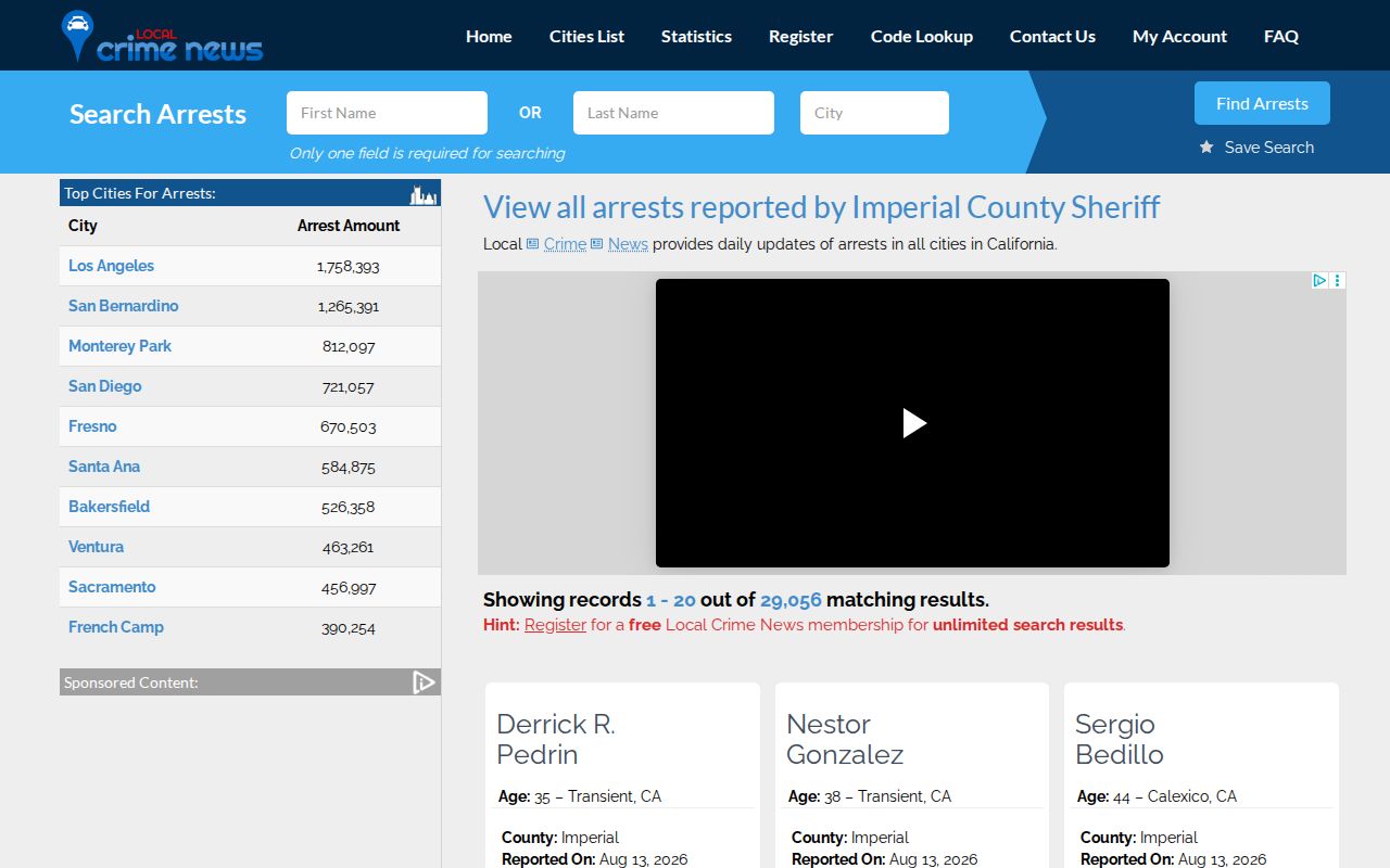 Unofficial Imperial County Sheriff arrest index from Local Crime News